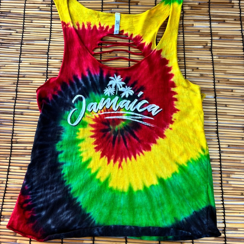 TBL Jamaica Tie Dye Tank Top Womens Large Rasta Shredded Back Graphic Tee Cotton